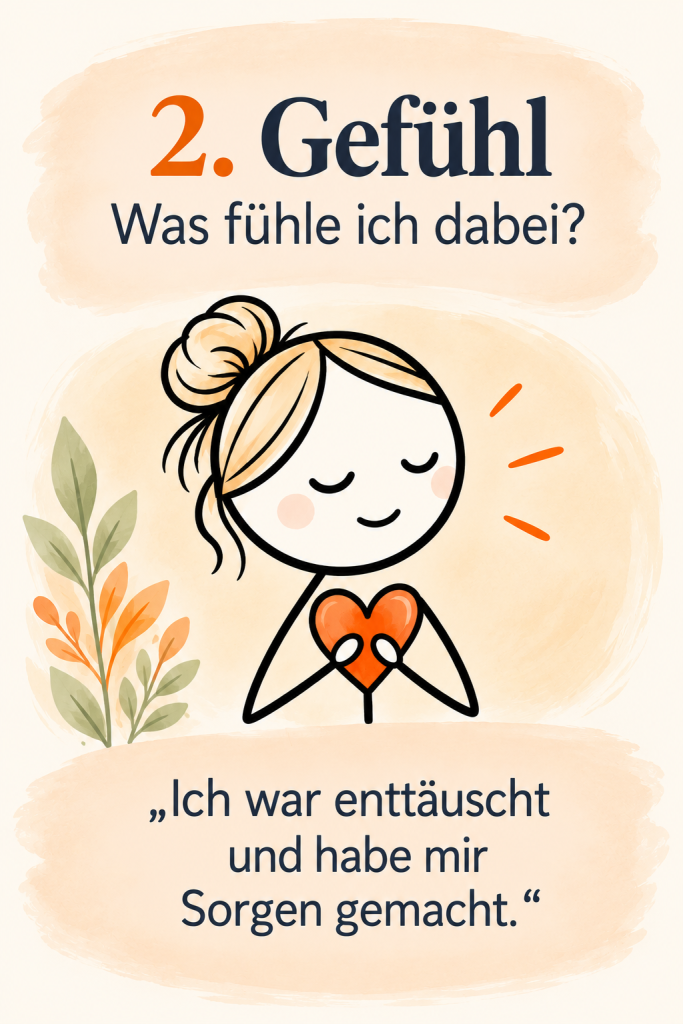 Illustration zum zweiten Schritt der Gewaltfreien Kommunikation: Eine Frau hält ein orangefarbenes Herz und nimmt ihre Gefühle wahr. Beispiel: „Ich war enttäuscht und habe mir Sorgen gemacht.“