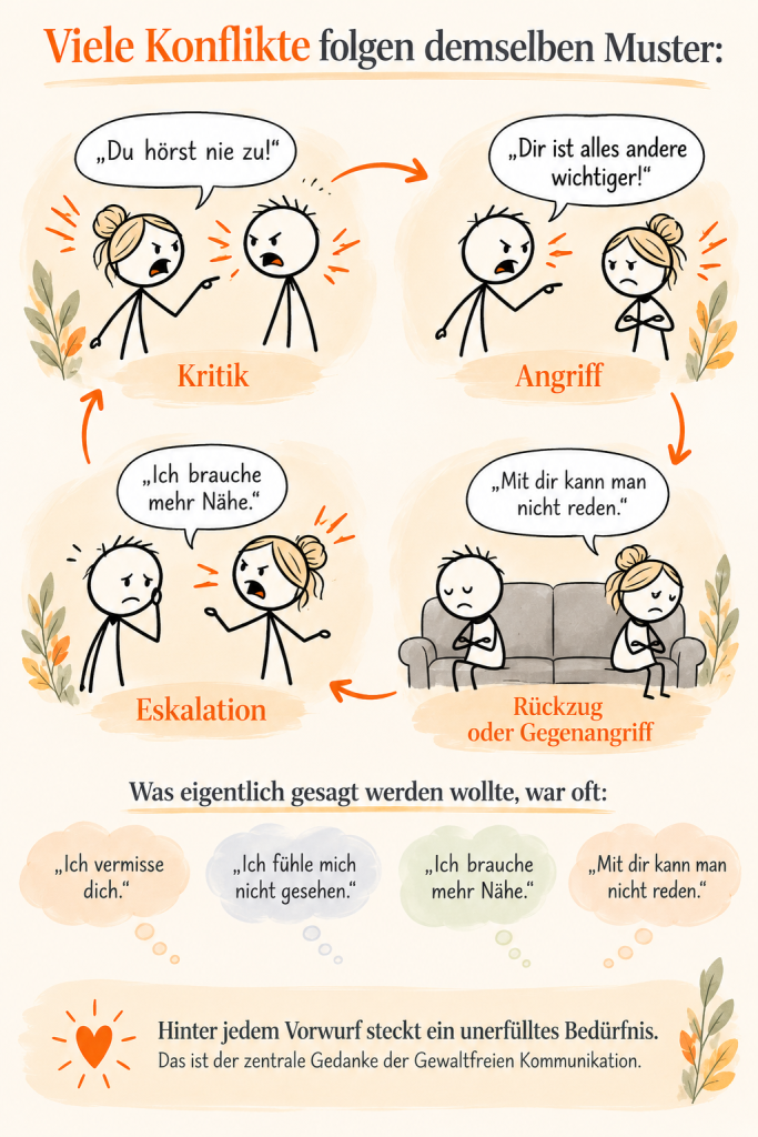 Infografik zur Streitspirale in Beziehungen: Kritik, Angriff, Rückzug und Eskalation. Hinter Vorwürfen stehen oft unerfüllte Bedürfnisse nach Nähe und Verständnis.