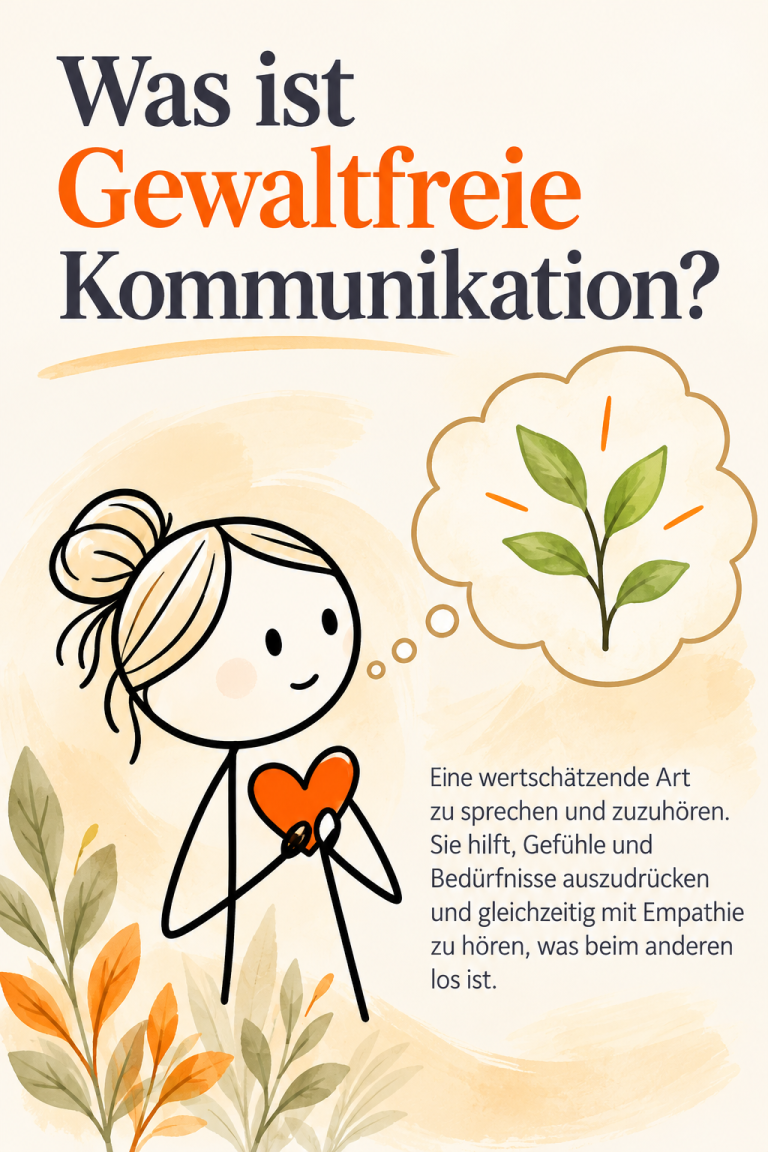 Illustration zur Gewaltfreien Kommunikation: Eine Frau hält ein Herz und denkt an einen wachsenden grünen Trieb als Symbol für Verständnis, Empathie und persönliche Entwicklung.