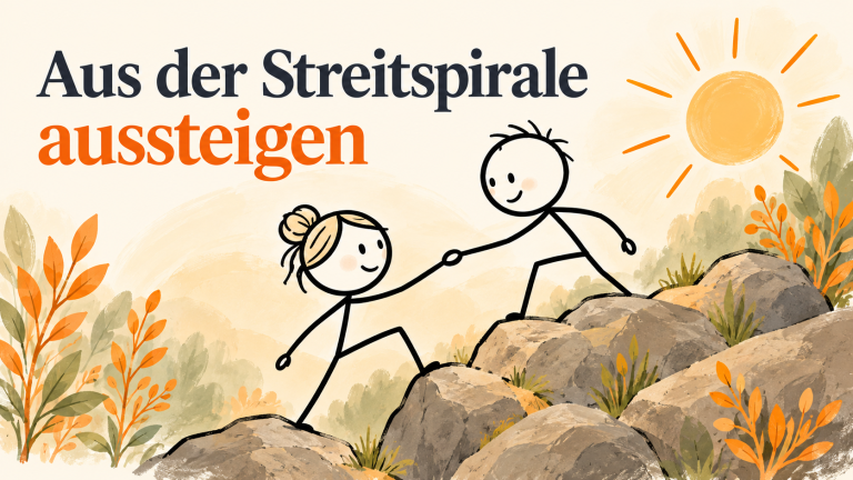 Illustration zum Ausstieg aus der Streitspirale: Zwei Strichmännchen helfen sich gegenseitig beim Aufstieg über Felsen. Die Szene symbolisiert gegenseitige Unterstützung und gemeinsame Konfliktlösung in einer Beziehung.