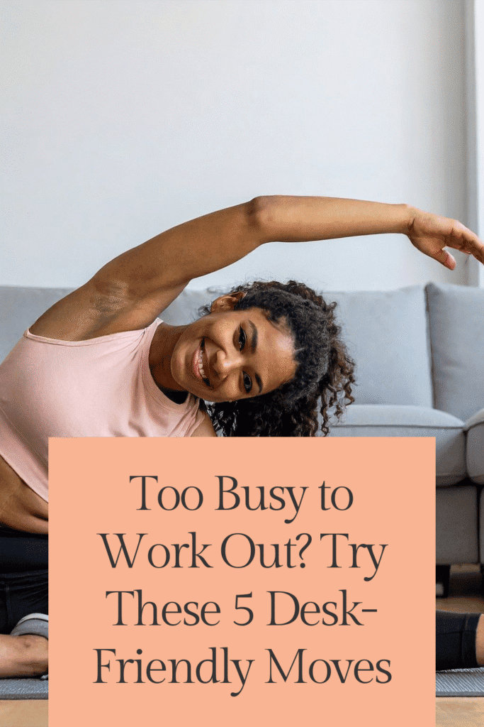 Woman over 40 doing gentle seated mobility stretches at her desk to ease stiffness and boost energy — simple movement routine for women who sit all day