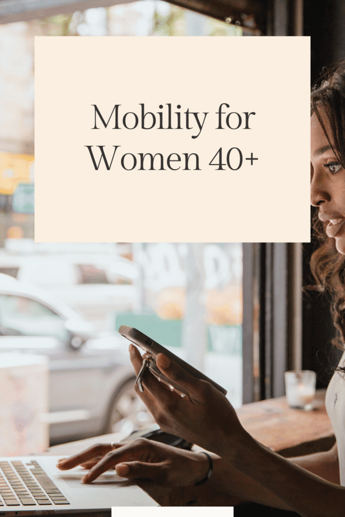 “Woman over 40 doing gentle desk mobility stretches to ease stiffness and improve posture while working from home. Simple movement ideas for women who sit all day