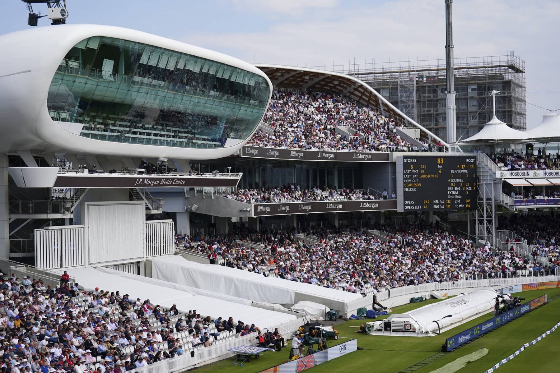 Lord's Cricket Ground Media Centre and packed stands on a match day