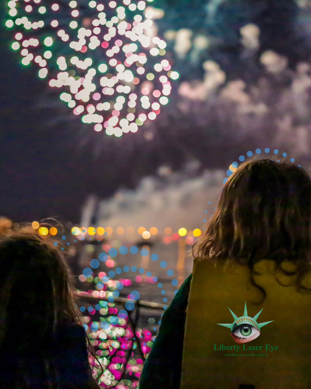 Two people watching fireworks over water at night with reflections.