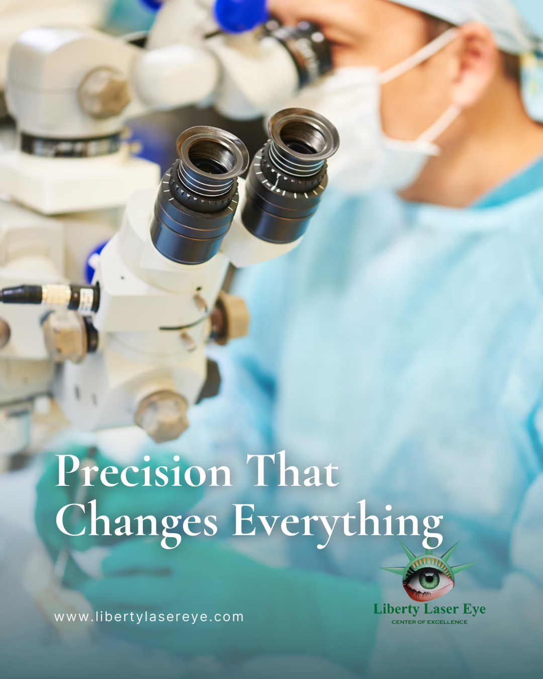 Surgeon looking into a microscope during an eye surgery procedure.