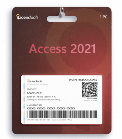 Licendeals digital license card for Access 2021, RETAIL License, 1 PC. Delivered by email; no physical product is shipped.