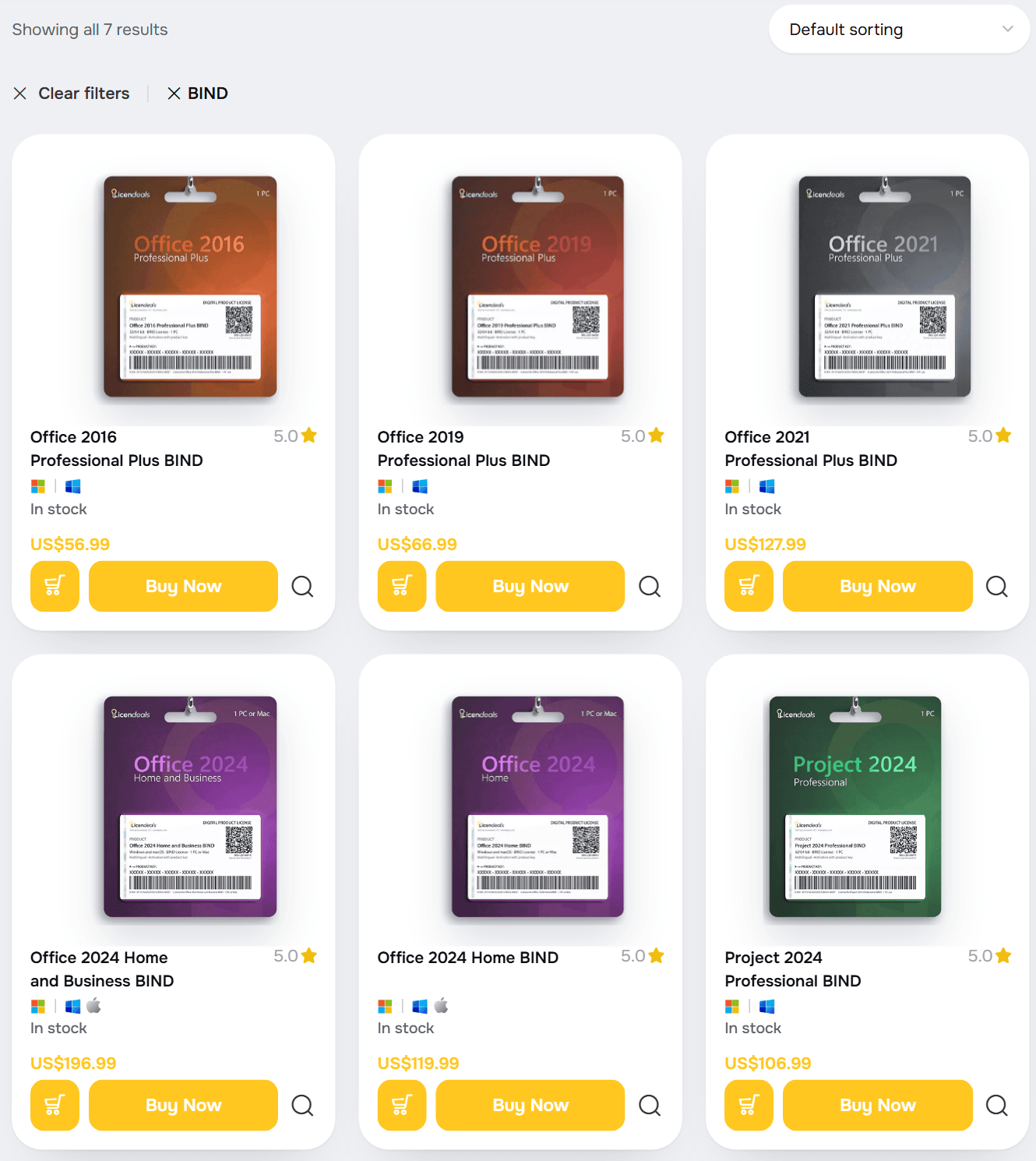 Licendeals shop filtered by BIND License: Office 2016, 2019 and 2021 Professional Plus BIND, Office 2024 Home and Business BIND, Office 2024 Home BIND and Project 2024 Professional BIND
