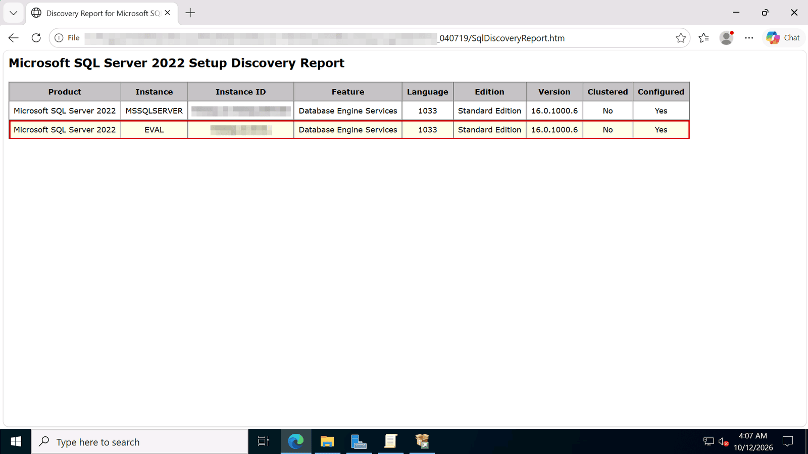 SQL Server 2022 Setup Discovery Report: the Edition column shows Standard Edition for each instance
