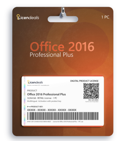 Licendeals digital license card for Office 2016 Professional Plus, RETAIL License, 1 PC. Delivered by email; no physical product is shipped.