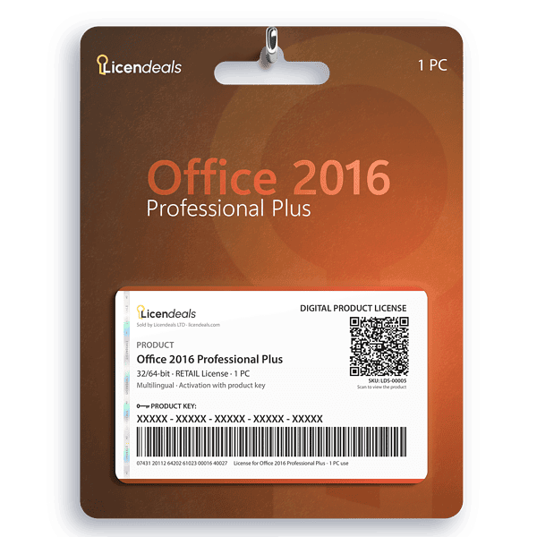 Licendeals digital license card for Office 2016 Professional Plus, RETAIL License, 1 PC. Delivered by email; no physical product is shipped.