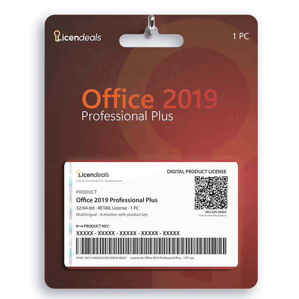 Licendeals digital license card for Office 2019 Professional Plus, RETAIL License, 1 PC. Delivered by email; no physical product is shipped.