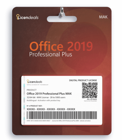 Licendeals digital license card for Office 2019 Professional Plus MAK, MAK License, 20 to 5000 users. Delivered by email; no physical product is shipped.