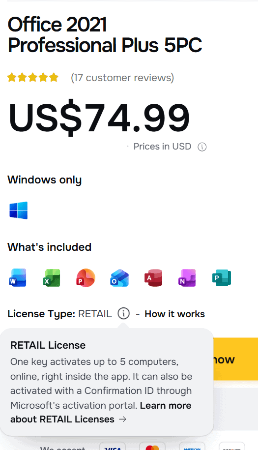 Office 2021 Professional Plus 5PC product page on Licendeals: Windows only, RETAIL License, one key activates up to 5 computers, can also be activated with a Confirmation ID