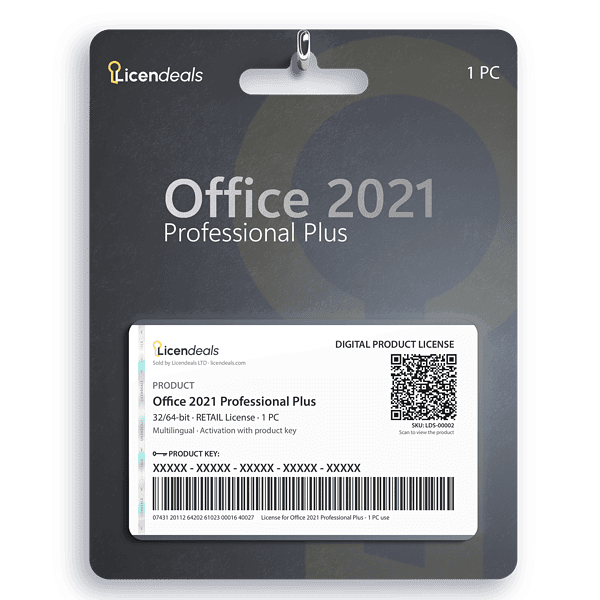 Licendeals digital license card for Office 2021 Professional Plus, RETAIL License, 1 PC. Delivered by email; no physical product is shipped.