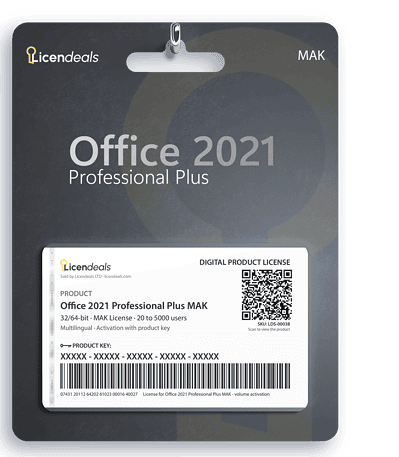 Licendeals digital license card for Office 2021 Professional Plus MAK, MAK License, 20 to 5000 users. Delivered by email; no physical product is shipped.