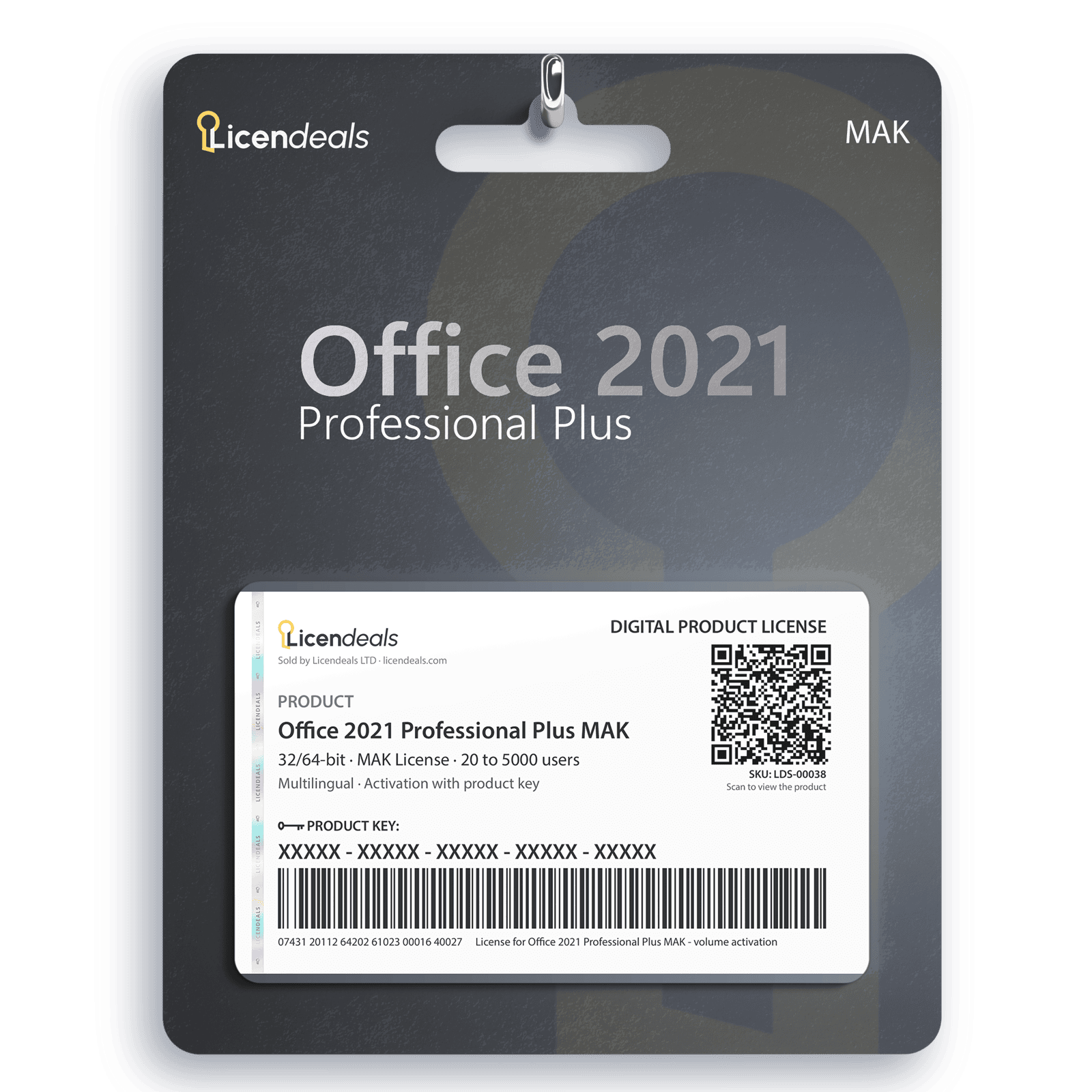 Licendeals digital license card for Office 2021 Professional Plus MAK, MAK License, 20 to 5000 users. Delivered by email; no physical product is shipped.