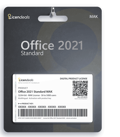 Licendeals digital license card for Office 2021 Standard MAK, MAK License, 50 to 5000 users. Delivered by email; no physical product is shipped.