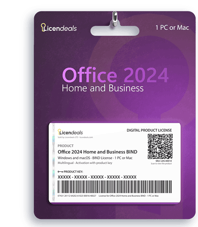 Licendeals digital license card for Office 2024 Home and Business BIND, BIND License, 1 PC or Mac. Delivered by email; no physical product is shipped.