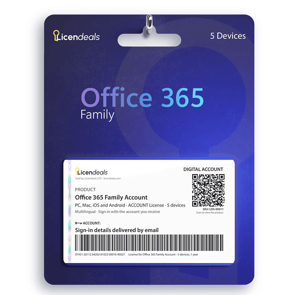 Licendeals digital license card for Office 365 Family Account, ACCOUNT License, 5 devices. Delivered by email; no physical product is shipped.