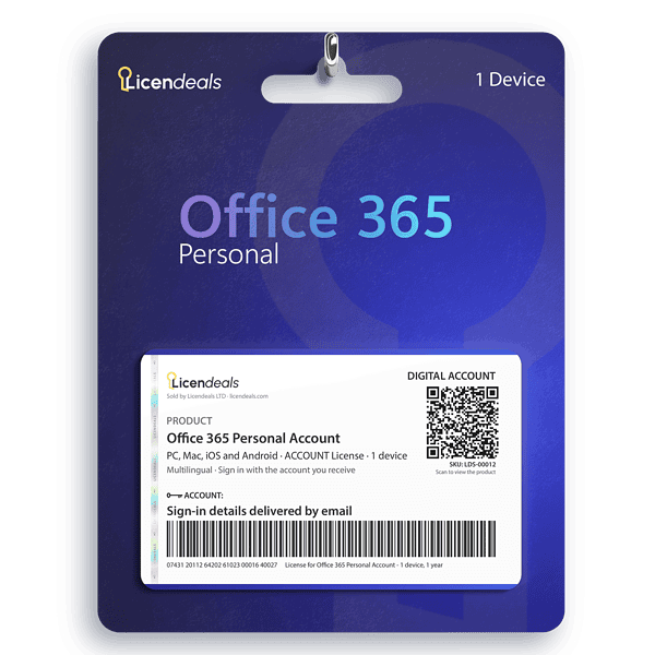 Licendeals digital license card for Office 365 Personal Account, ACCOUNT License, 1 device. Delivered by email; no physical product is shipped.