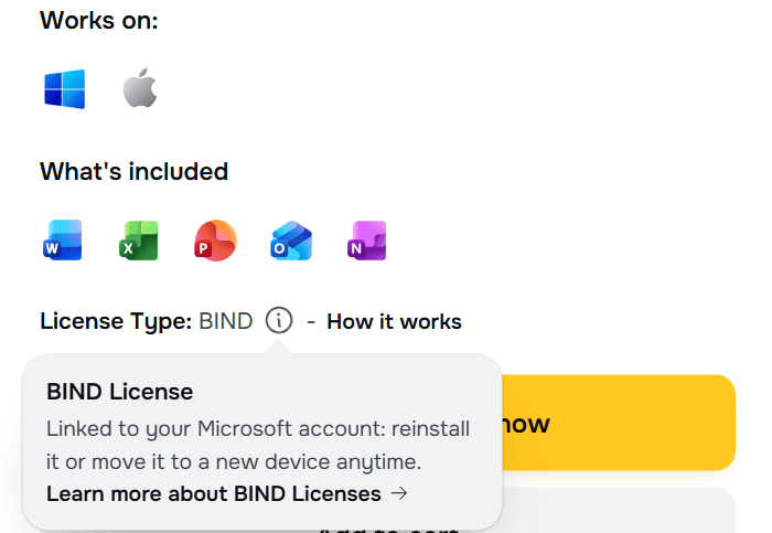 Office 2024 Home and Business BIND product page on Licendeals: License Type BIND, works on Windows and Mac, linked to your Microsoft account