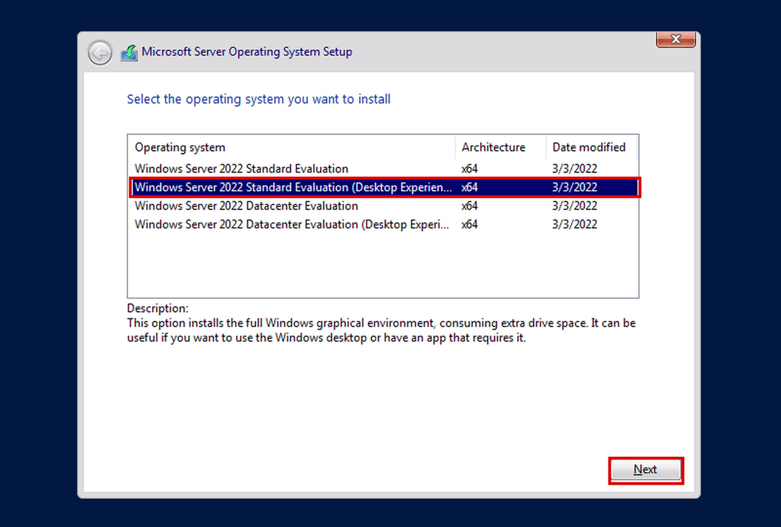 Windows Server 2022 Setup on our test server: choose Standard or Datacenter before you install