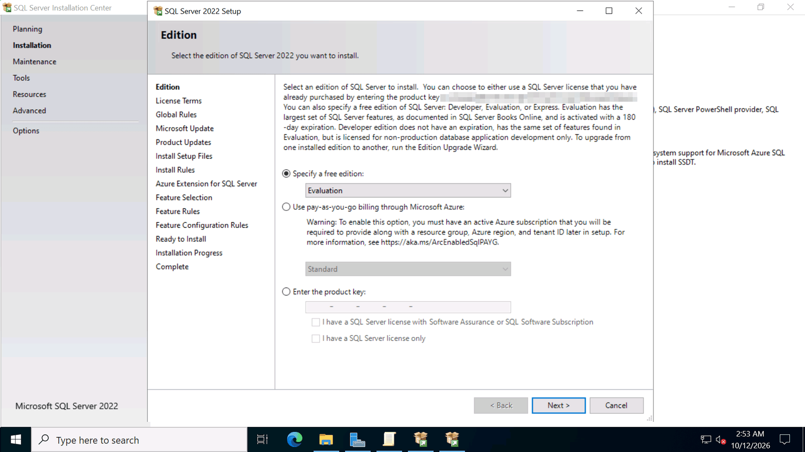 SQL Server 2022 Setup Edition page: free editions, pay-as-you-go billing or enter the product key