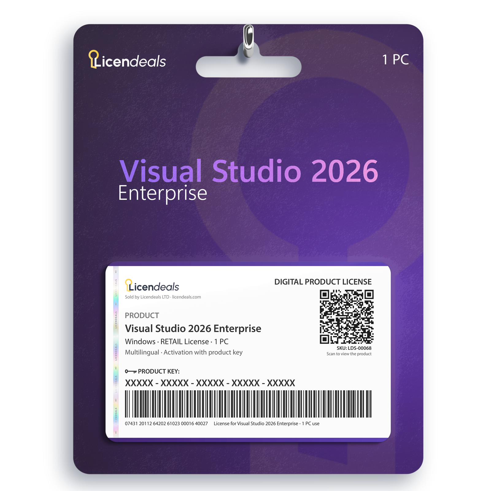 Licendeals digital license card for Visual Studio 2026 Enterprise, RETAIL License, 1 PC. Delivered by email; no physical product is shipped.