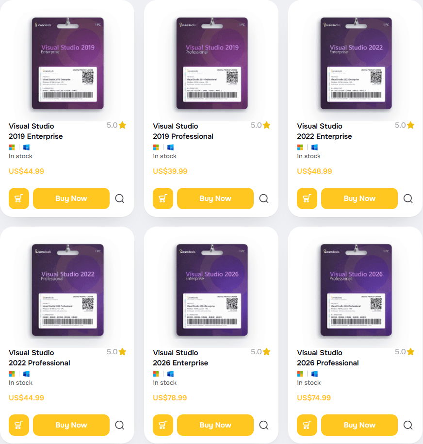 Visual Studio catalog on Licendeals: Visual Studio 2019, 2022 and 2026, Professional and Enterprise