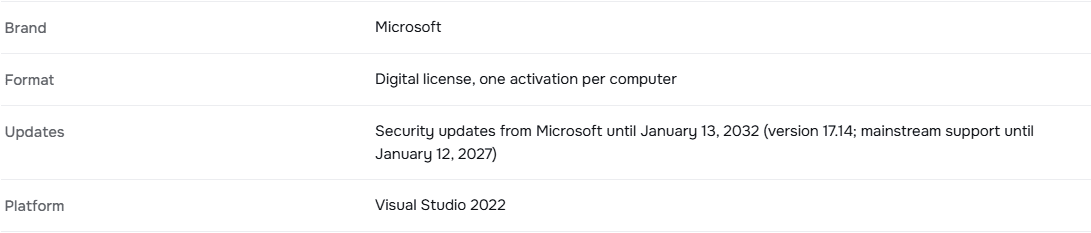 License details of Visual Studio 2022 Enterprise on Licendeals: security updates from Microsoft until January 13, 2032, mainstream support until January 12, 2027