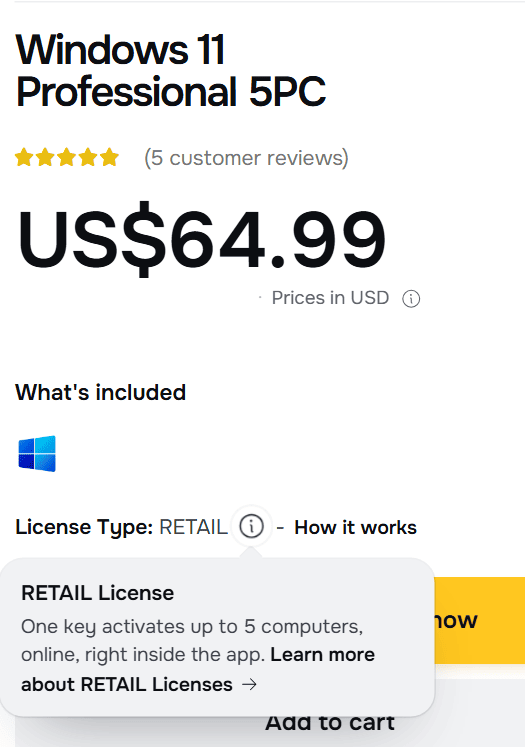 Windows 11 Professional 5PC product page on Licendeals: License Type RETAIL, one key activates up to 5 computers, online, right inside the app