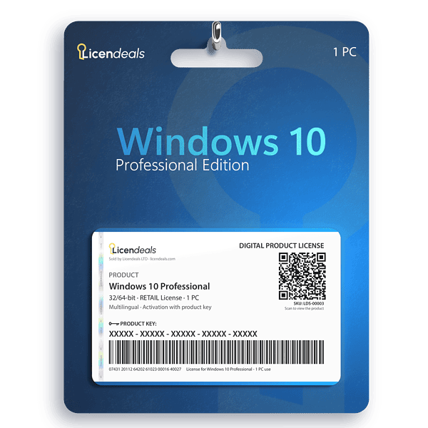 Licendeals digital license card for Windows 10 Professional, RETAIL License, 1 PC. Delivered by email; no physical product is shipped.