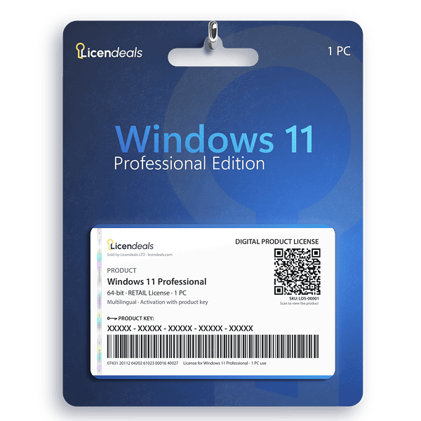 Licendeals digital license card for Windows 11 Professional, RETAIL License, 1 PC. Delivered by email; no physical product is shipped.