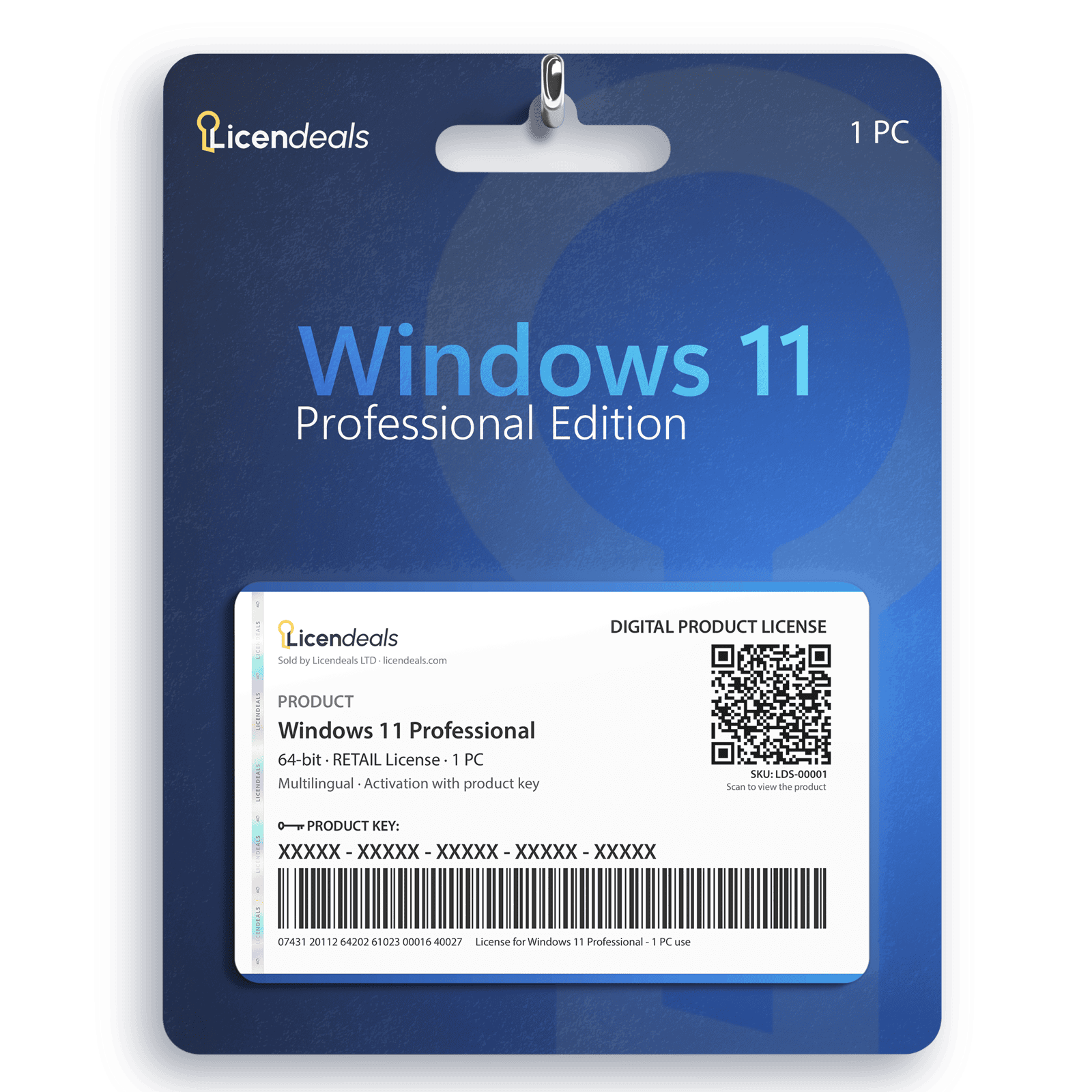 Licendeals digital license card for Windows 11 Professional, RETAIL License, 1 PC. Delivered by email; no physical product is shipped.