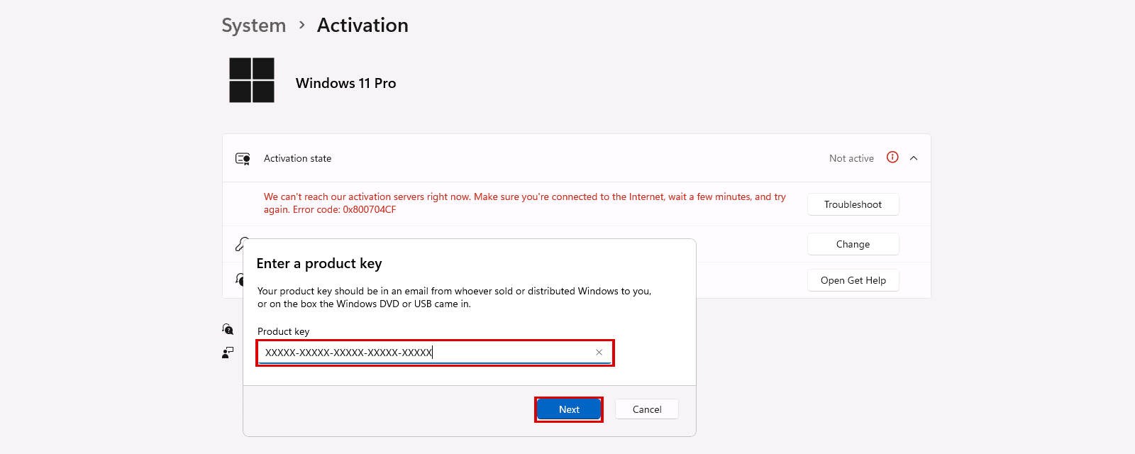 Windows 11 Settings, System, Activation: Enter a product key window with the 25-character key field and the Next button