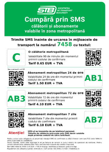 Public Transport Tickets in Bucharest purchased by SMS – STB metropolitan ticket and pass prices (90 minutes, 24h, 72h, 7 days)