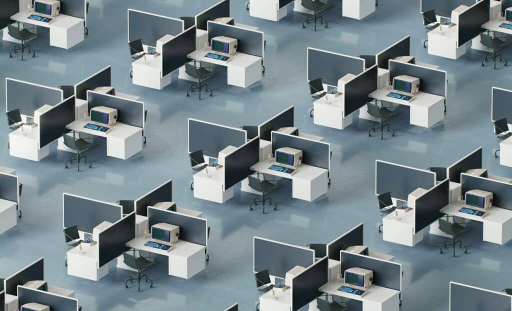 Rows of identical office cubicles representing the rigid structure of Romanian bureaucracy