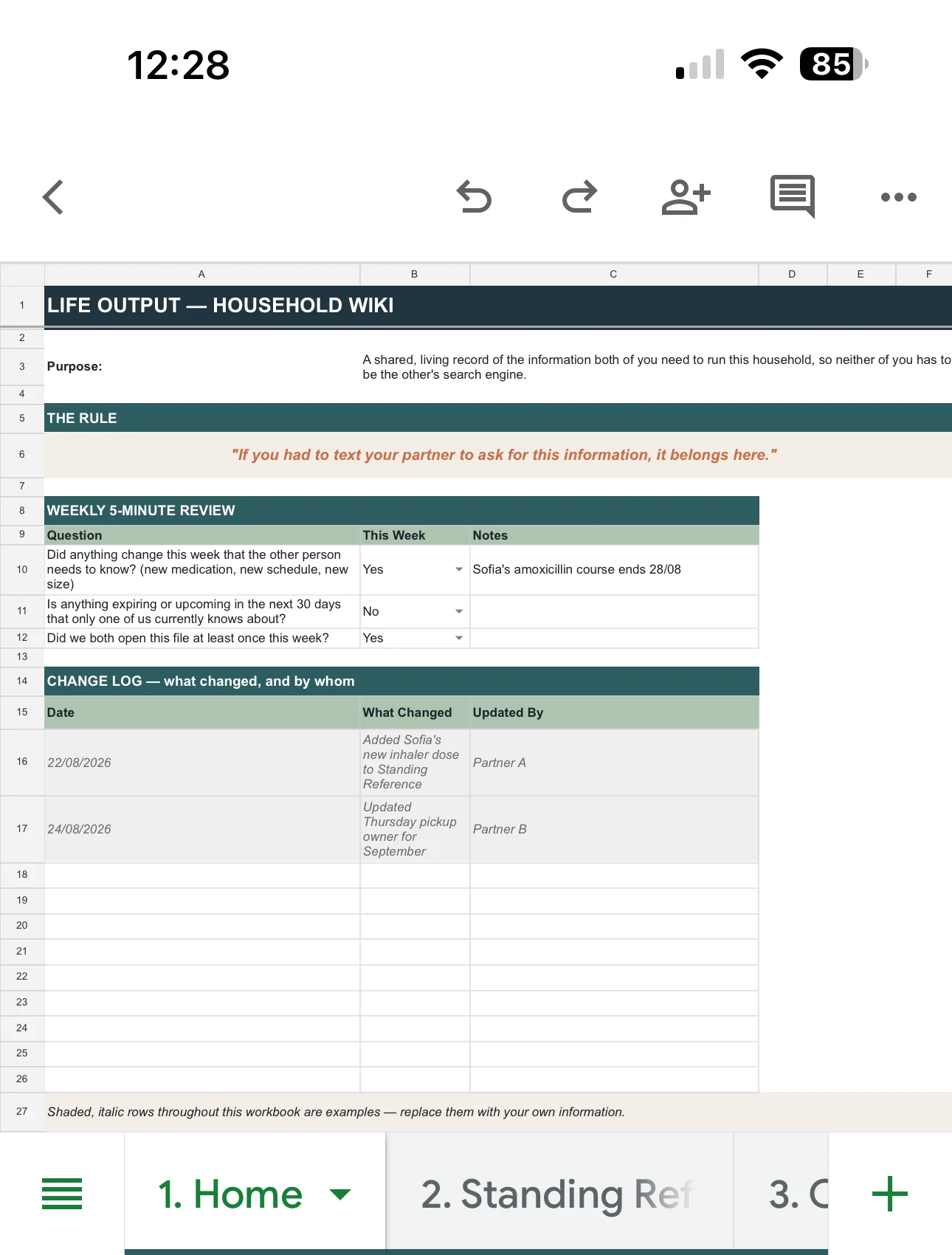 The Household Wiki open in the Google Sheets app on a phone
