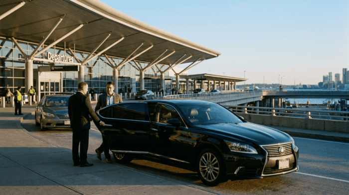 Lexus LS 460 sedan at Boston Logan Airport terminal