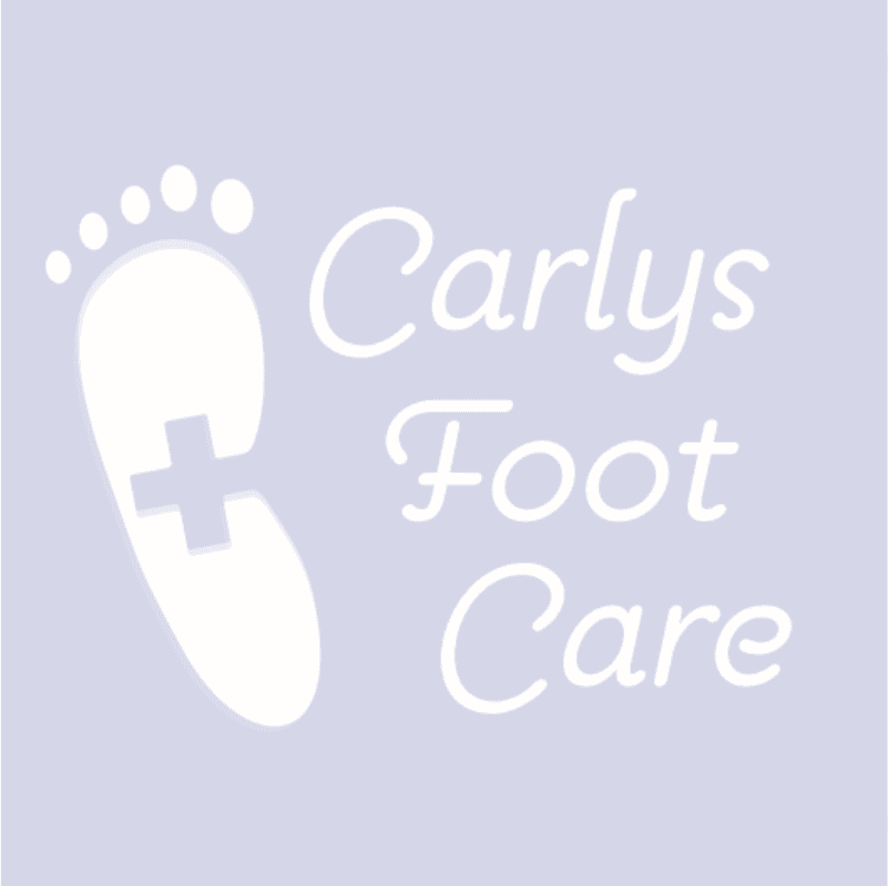 Foot care logo with a white footprint and medical cross on a light purple background.