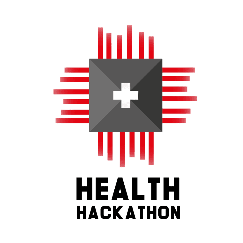 Health Hackathon logo with a medical cross and red lines.