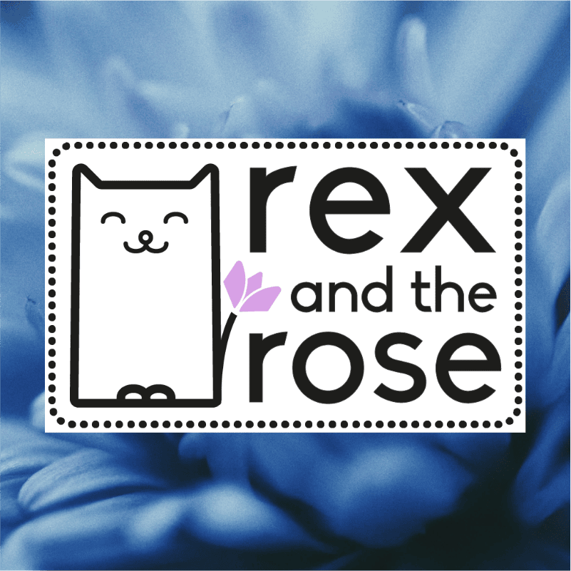 Cute cat logo with rose and text for branding.