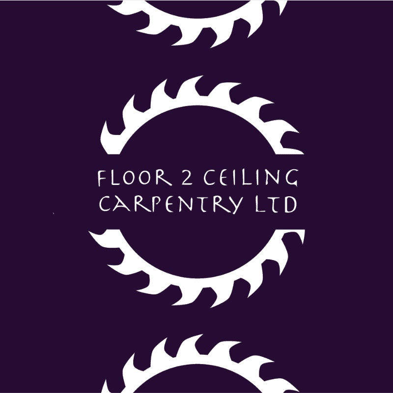 Floor 2 Ceiling Carpentry LTD logo with circular flame design on dark background.
