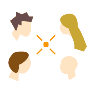 Team collaboration concept with four diverse people connected by a central node.