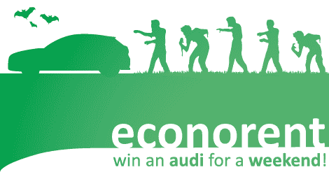 Group of people walking with a car on a green background for Econorent.