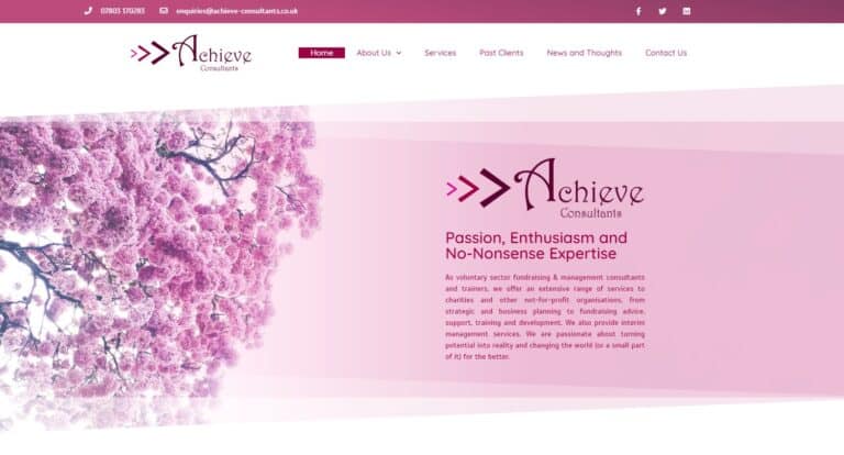 Pink cherry blossom tree with Achieve Consultants branding.