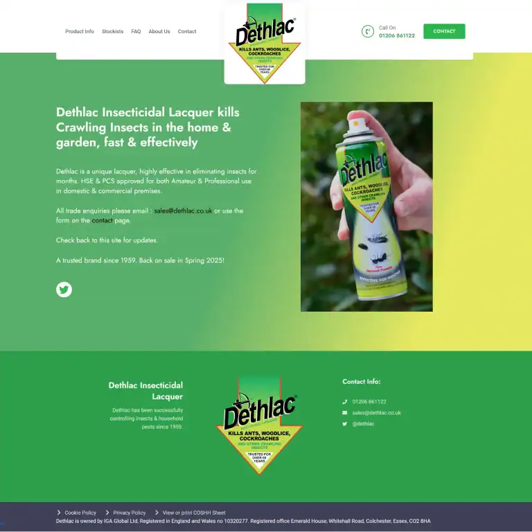 Dethlac insecticidal lacquer spray for crawling insects in home and garden.