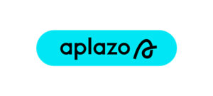 aplazo black logo over blue background