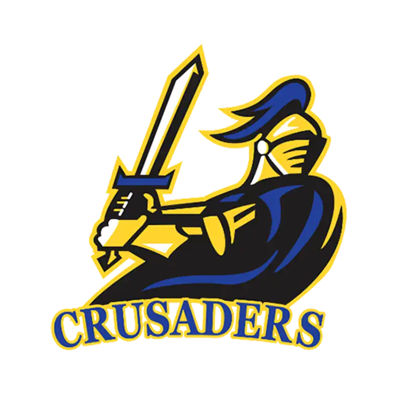 Illustration of a knight with a sword and shield, Crusaders logo, sports team mascot.