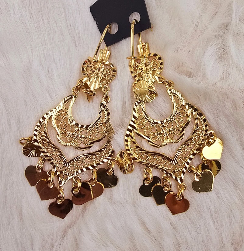 Ornate Filigree Chandelier Earrings with Dangling Heart Charms (E-005)